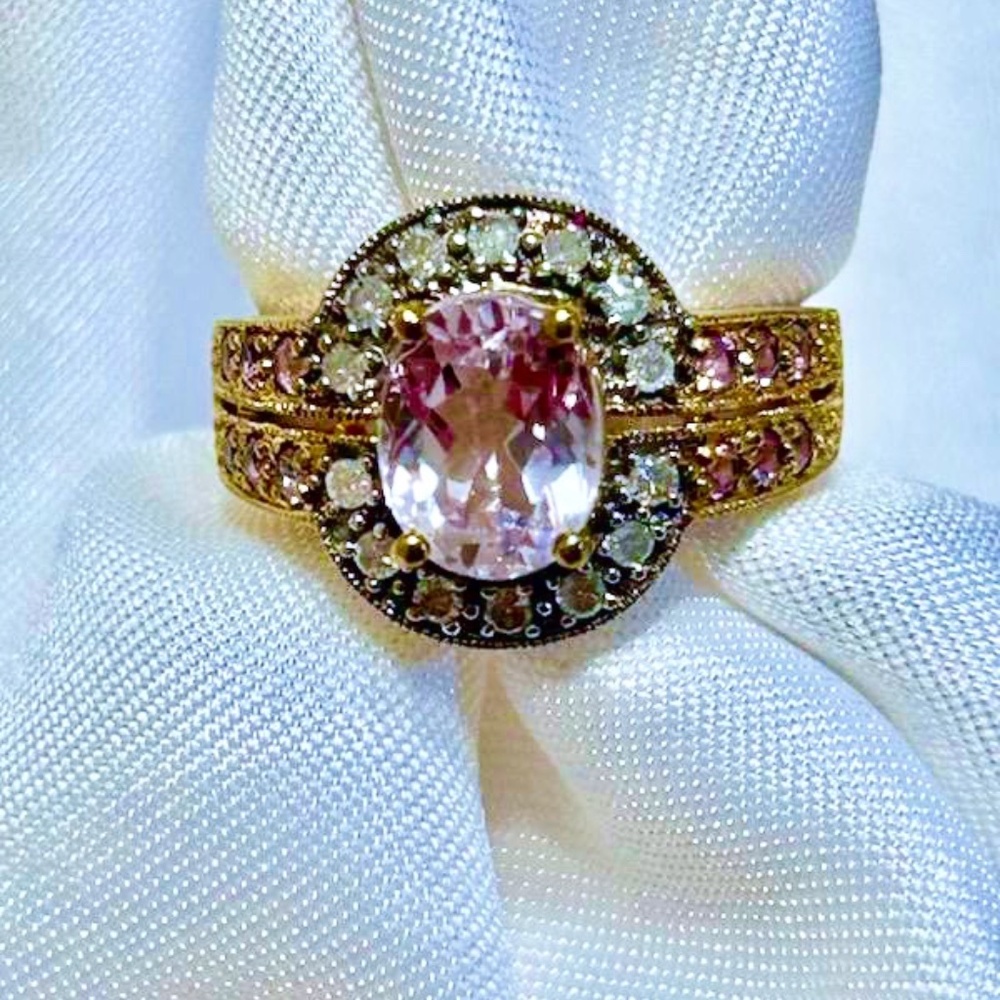 🎉 2xHP 🎉 NWOT Pink Morganite, Diamond & Pink Sapphire Ring Solid 10K Gold